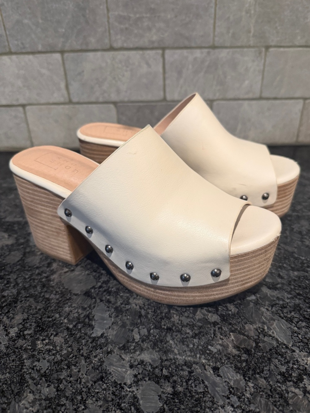 Women's ShuShop Cream Leather Studded Clog Mules